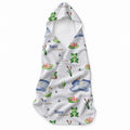 White hooded towel featuring green frogs, ducks in blue ponds, pink water lilies, cattails, and the name Knox William.