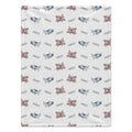 Personalized Airplane Baby Blanket. Watercolor airplanes surround a custom name in soft blue, grey, and pink tones on a white background.