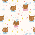 A repeating pattern featuring cute brown owls wearing blue hats and pink dresses, scattered with small hearts, stars, and dots on a warm off-white background.