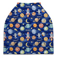 Flat view of the Space Explorers personalized baby car seat cover with Scout lettering and colorful watercolor space illustrations on navy.