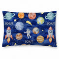 Space Explorers pillowcase personalized with Scout, featuring watercolor planets, orange rockets, an astronaut, and yellow stars on navy.
