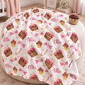 Personalized Birthday Baby Girl Blanket. Colorful cakes, cupcakes, and cheerful celebration details surround a custom name in a playful birthday design.