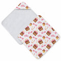 A personalized baby hooded towel shown on a white background, featuring a white fabric with a printed pattern of cupcakes, pink bows, candy canes, and the name 'Ellie' repeated, with a soft light gray reverse side.