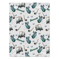 A personalized golf-themed blanket featuring a repeating pattern of green and teal golf bags, golf carts, golf clubs, golf balls, and the name 'Bennett' printed in green script on a white background.