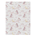 Personalized Unicorn Baby Girl Blanket. Dreamy unicorns, blush clouds, golden moons, and little stars surround a custom name on a white background.