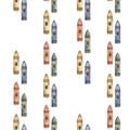 A repeating watercolor-style pattern of crayons in muted pastel colors including blue, green, peach, and yellow on a white background.