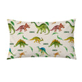 A personalized pillowcase featuring a colorful watercolor dinosaur pattern on a cream background, with the name 'CAIDEN' printed next to some dinosaurs.