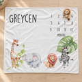 Personalized watercolor safari animals baby milestone blanket