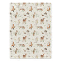 Personalized Woodland Animal Baby Blanket. Foxes, deer, rabbits, squirrels, birds, and hedgehogs surround a custom name among delicate leaves on a cream background.