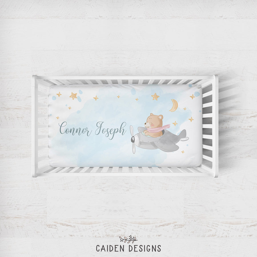 Flying Bear Personalized Crib Sheet