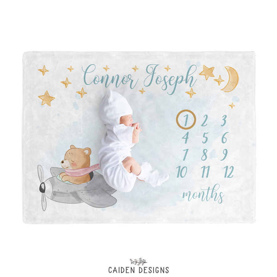 Flying Bear Personalized Baby Milestone Blanket