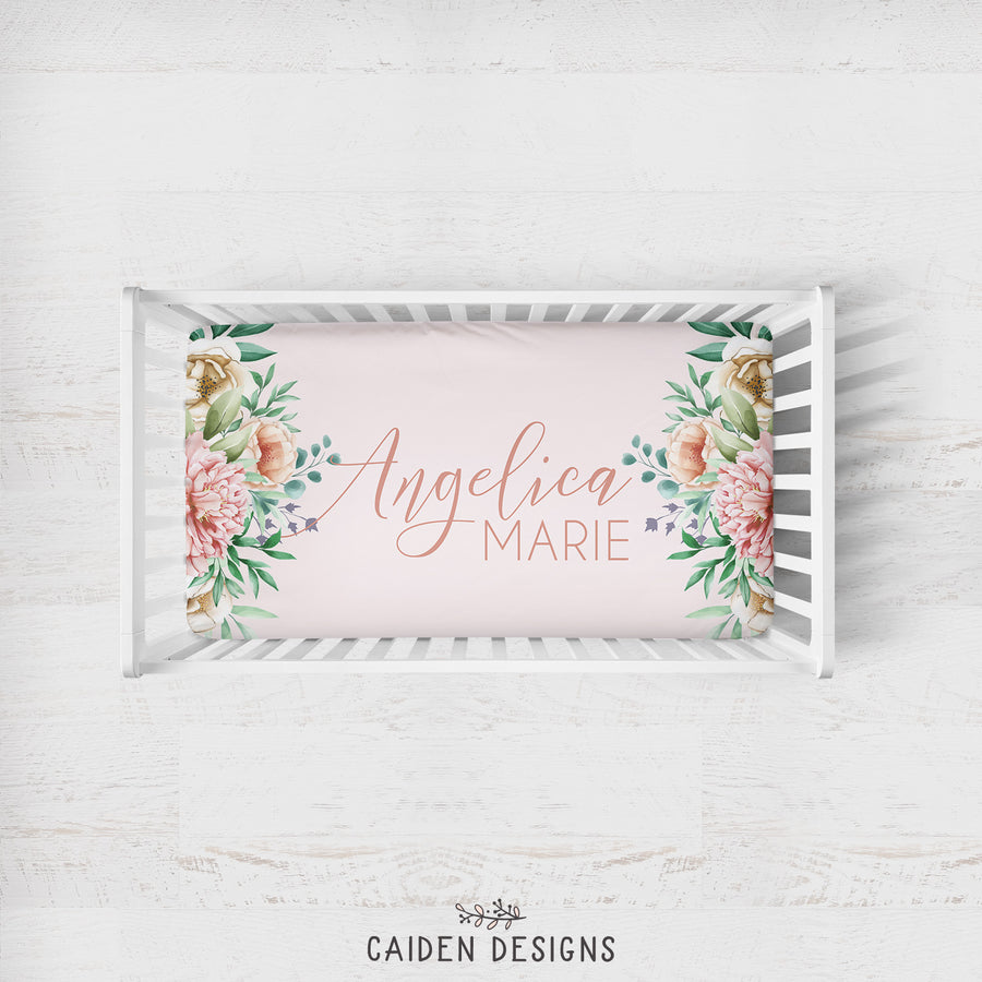 Peonies Personalized Name Crib Sheet