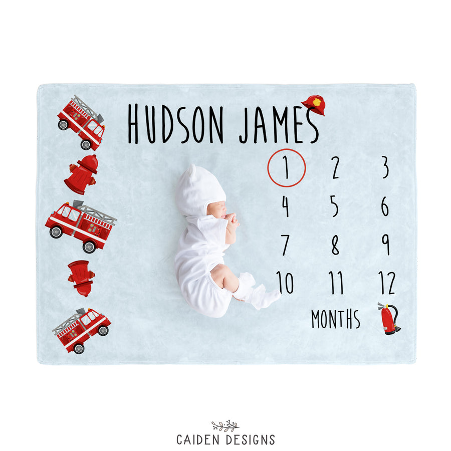 Fire Trucks Personalized Baby Milestone Blanket