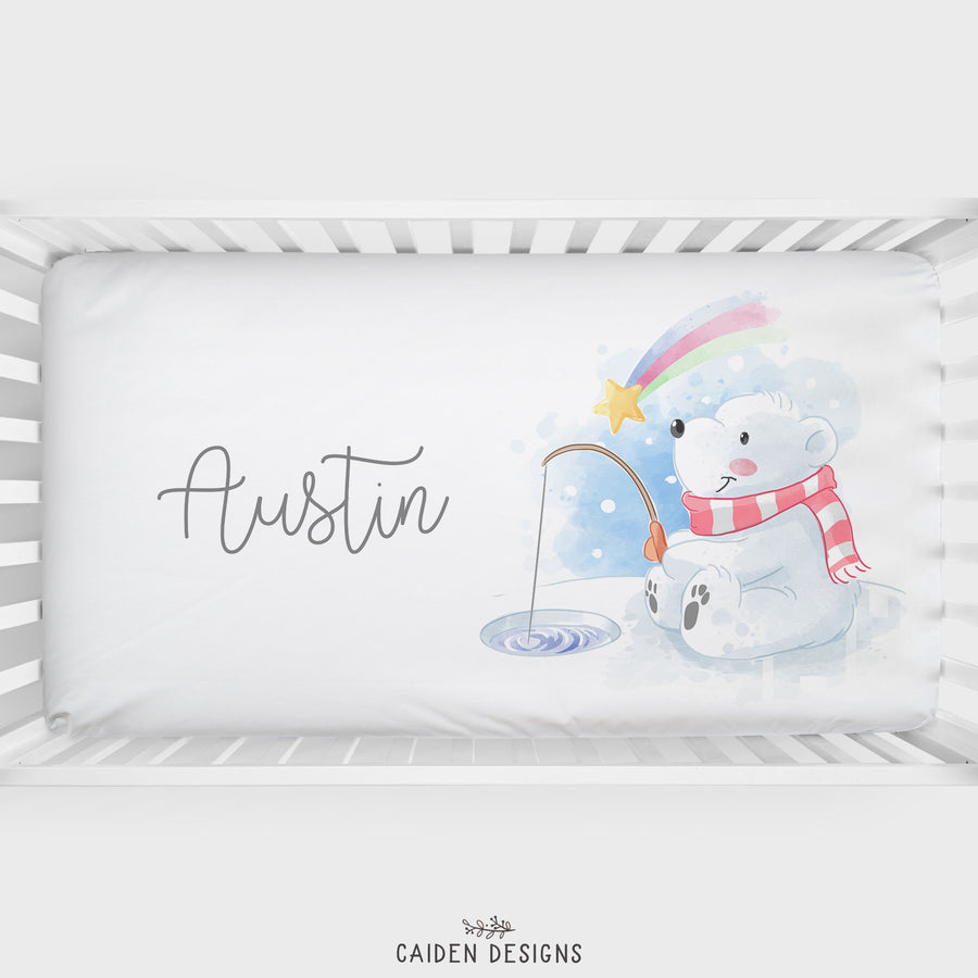Fishing Polar Bear Personalized Crib Sheet