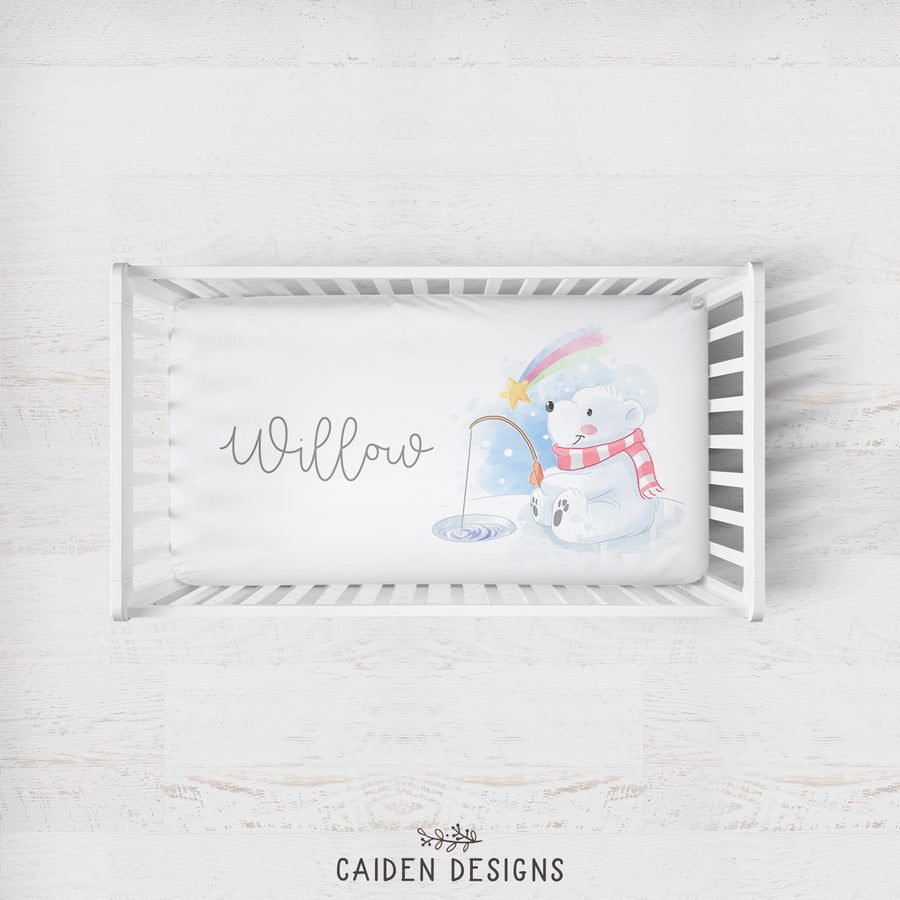 Fishing Polar Bear Personalized Crib Sheet