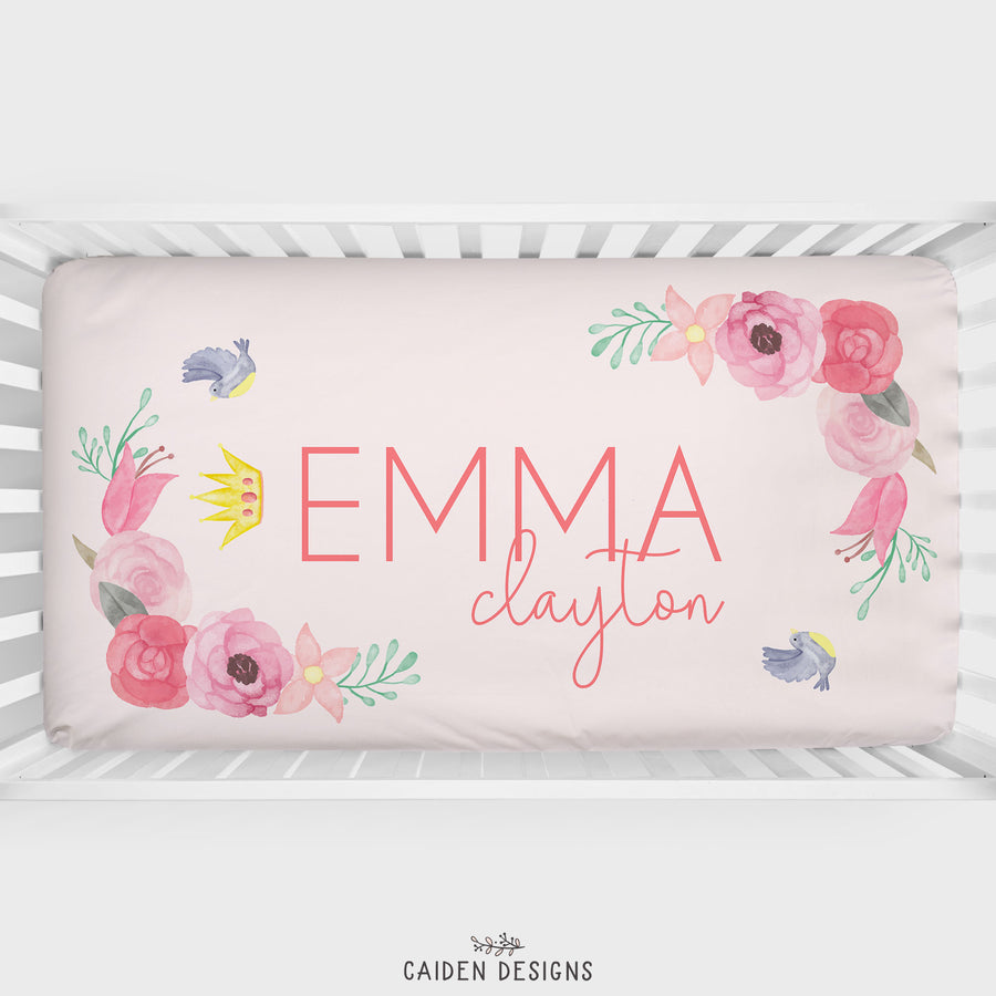 Watercolor Floral Princess Personalized Crib Sheet