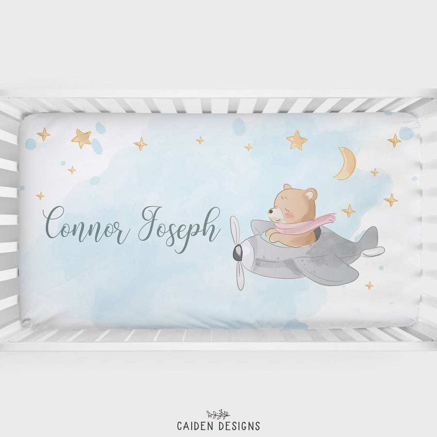 Flying Bear Personalized Crib Sheet