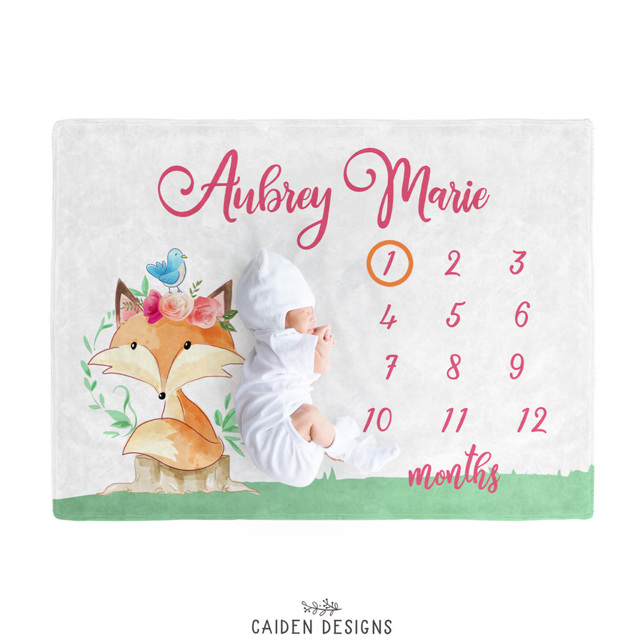 Fox Personalized Baby Girl Milestone Blanket