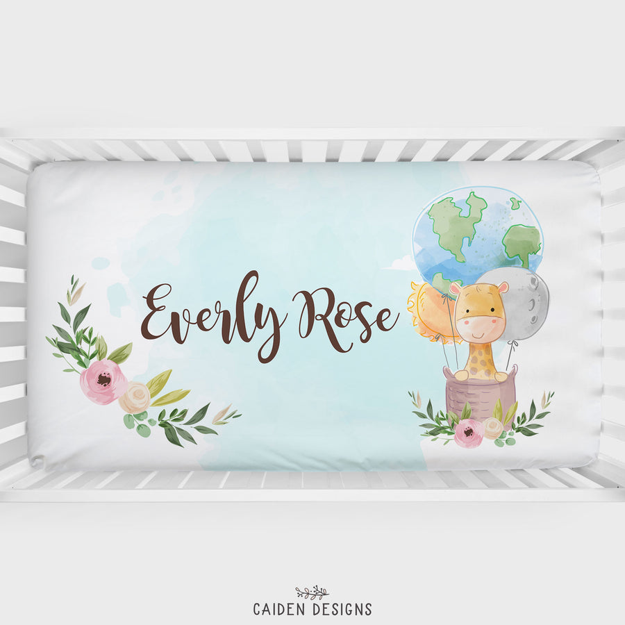 Hot Air Balloon Giraffe Personalized Crib Sheet