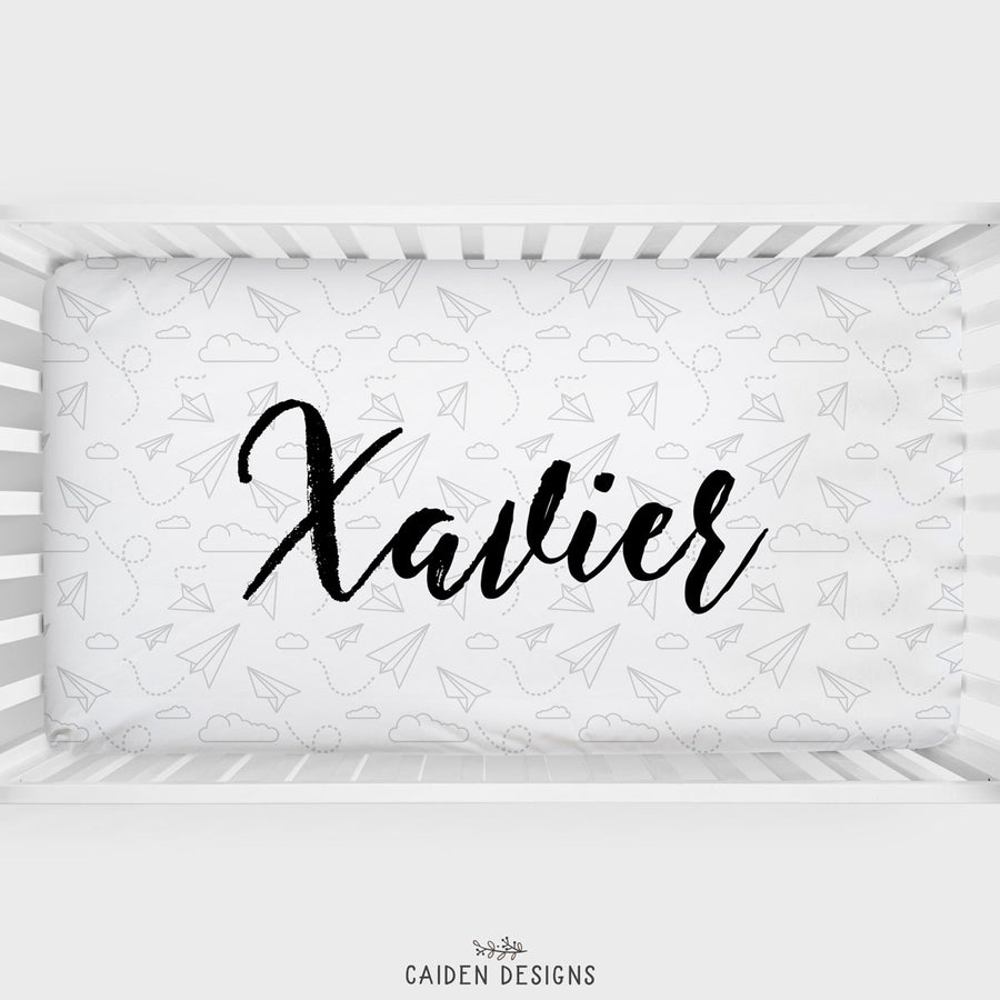 Grey Paper Planes Personalized Crib Sheet