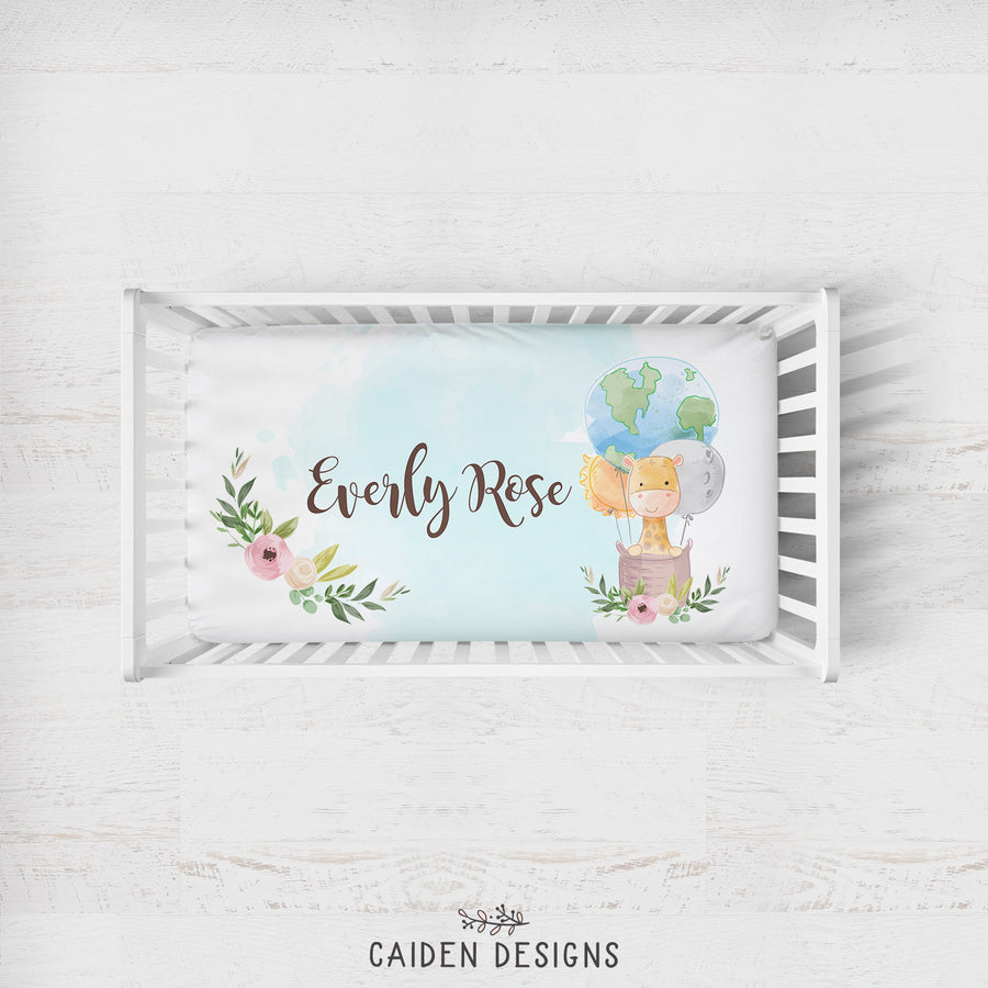 Hot Air Balloon Giraffe Personalized Crib Sheet