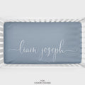 Dusty Blue Script Personalized Crib Sheet