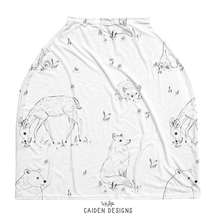 Monochrome Watercolor Woodland Baby Car Seat Cover