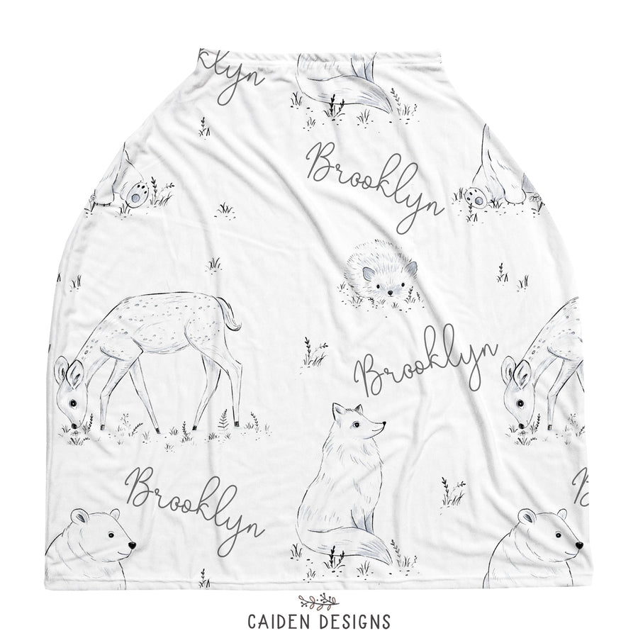 Monochrome Watercolor Woodland Baby Car Seat Cover