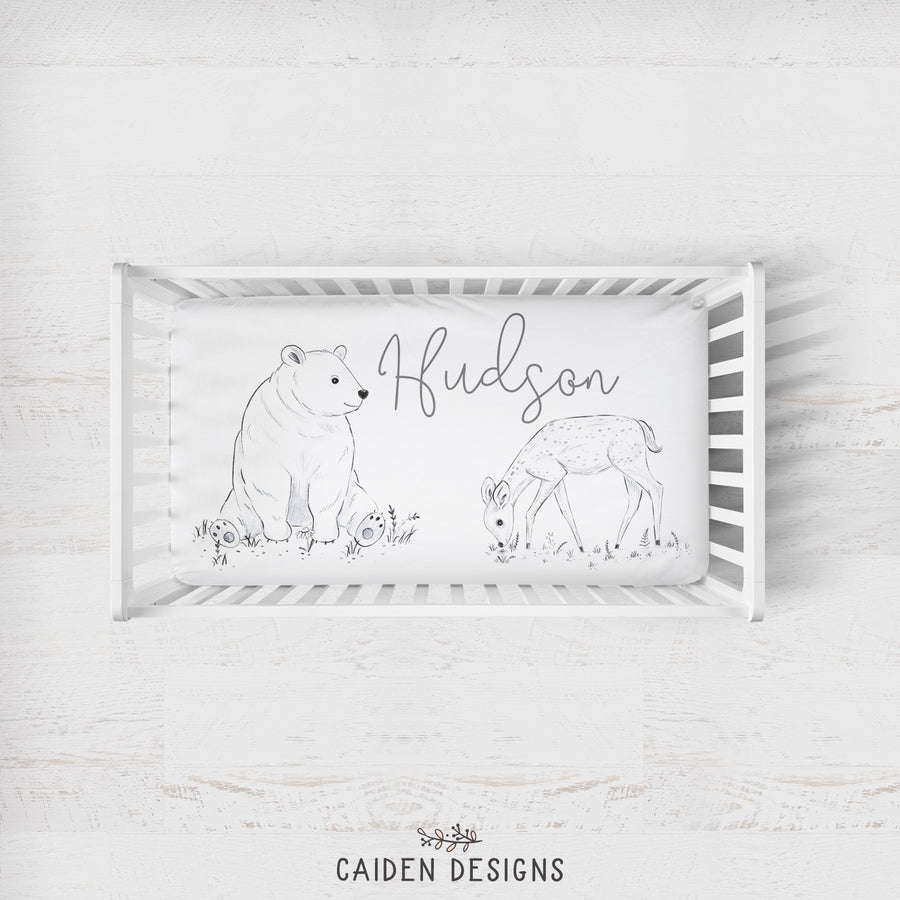 Monochrome Watercolor Woodland Personalized Crib Sheet