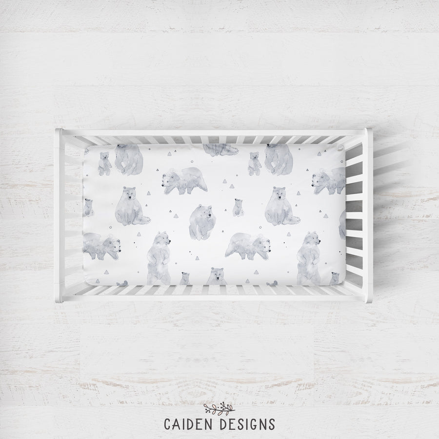 Monochrome Watercolor Polar Bear Personalized Crib Sheet