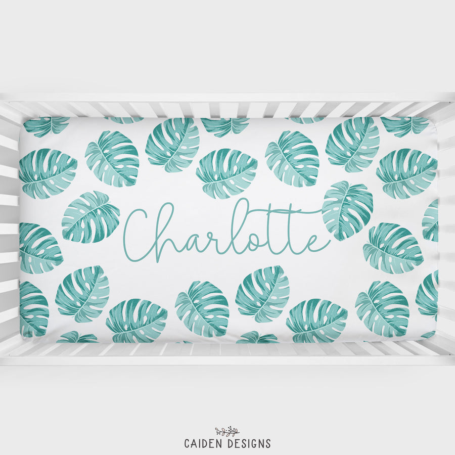 Monstera Leaves Personalized Crib Sheet