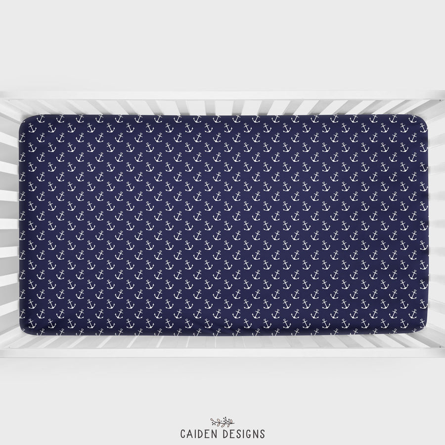 Navy Nautical Anchors Personalized Crib Sheet