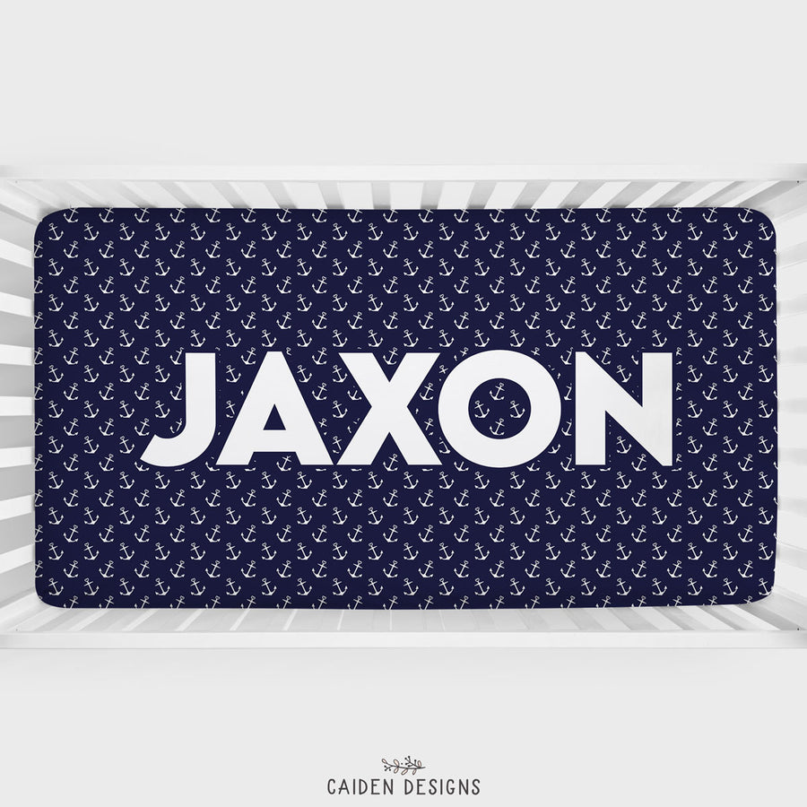 Navy Nautical Anchors Personalized Crib Sheet