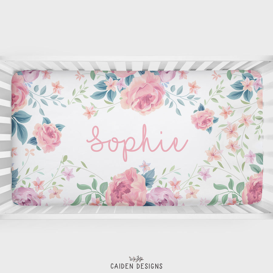 Olivia Floral Personalized Crib Sheet
