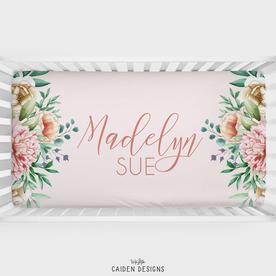 Peonies Personalized Name Crib Sheet