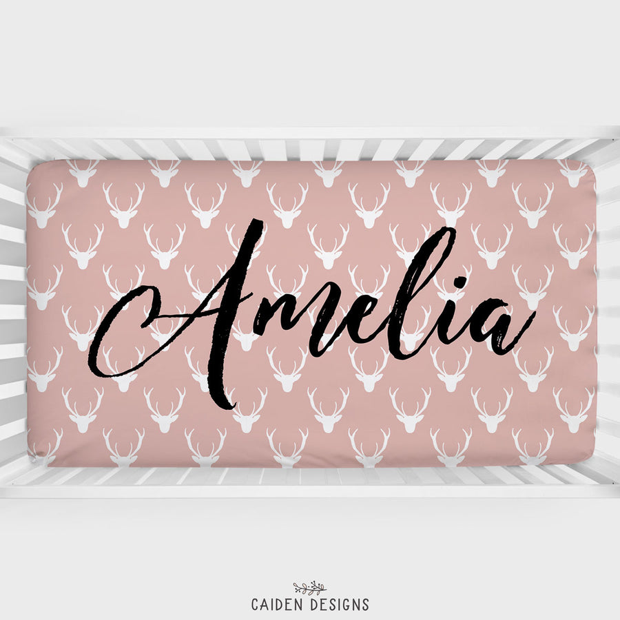 Pink Woodland Deer Personalized Crib Sheet
