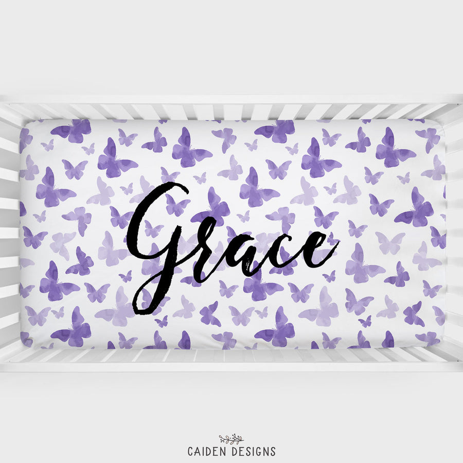 Purple Butterflies Personalized Crib Sheet