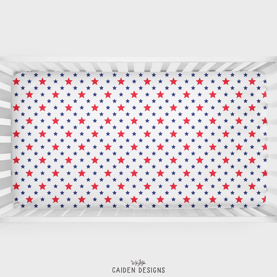 Red and Blue Stars Personalized Crib Sheet