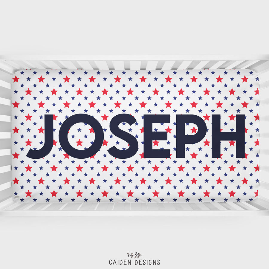 Red and Blue Stars Personalized Crib Sheet