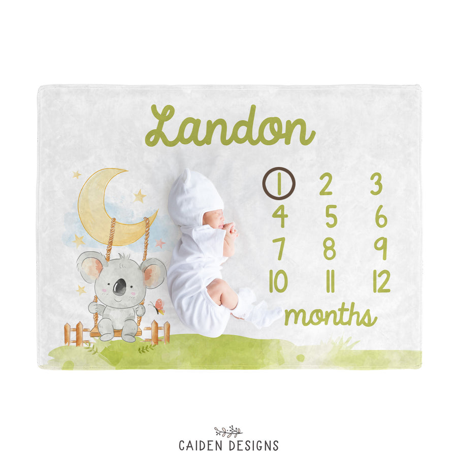 Swinging Koala Personalized Baby Milestone Blanket