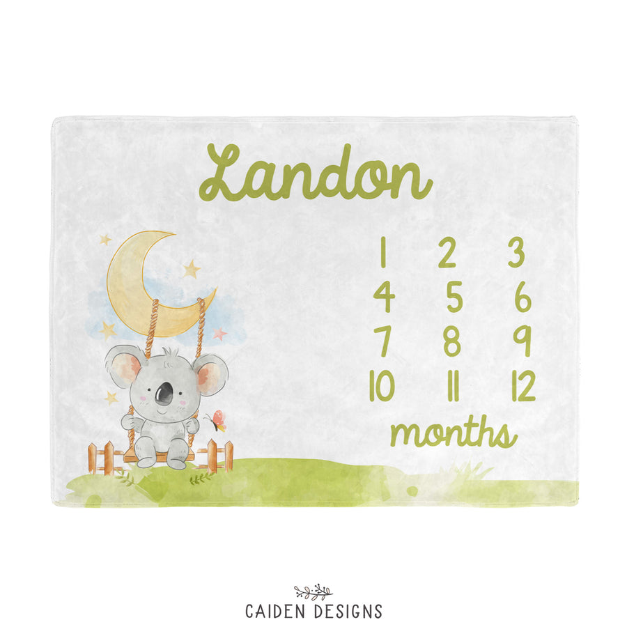 Swinging Koala Personalized Baby Milestone Blanket