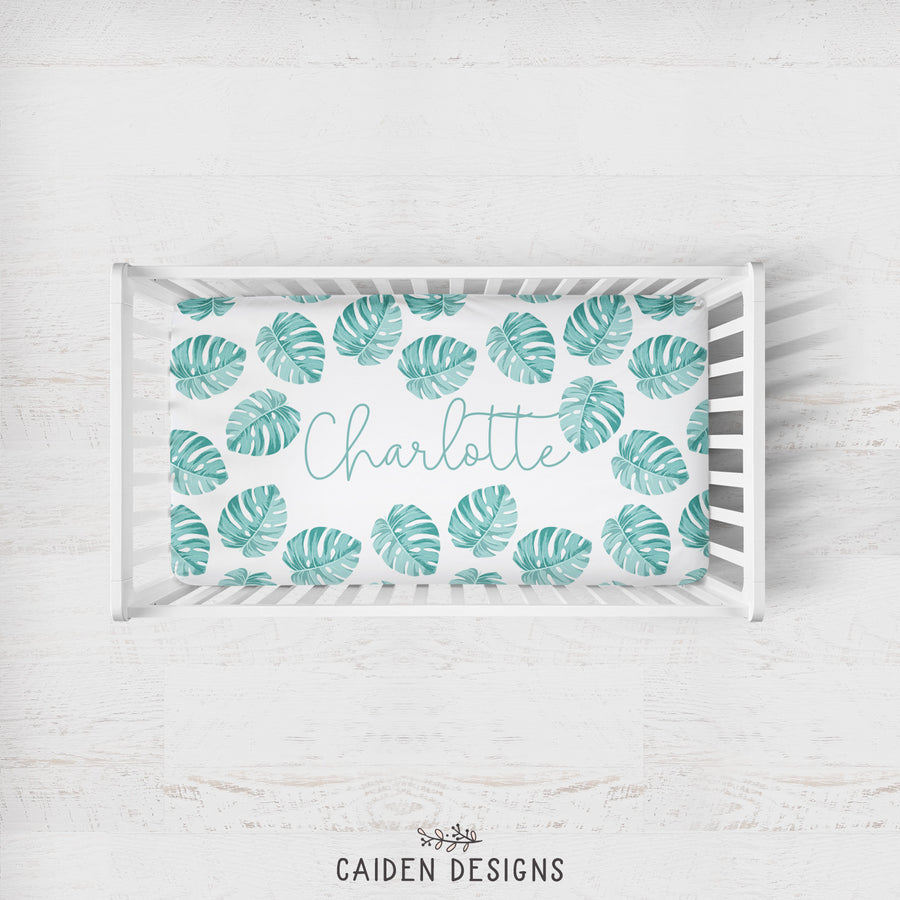 Monstera Leaves Personalized Crib Sheet