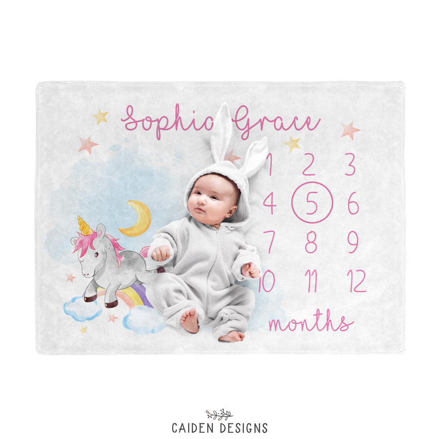Unicorn Personalized Baby Girl Milestone Blanket