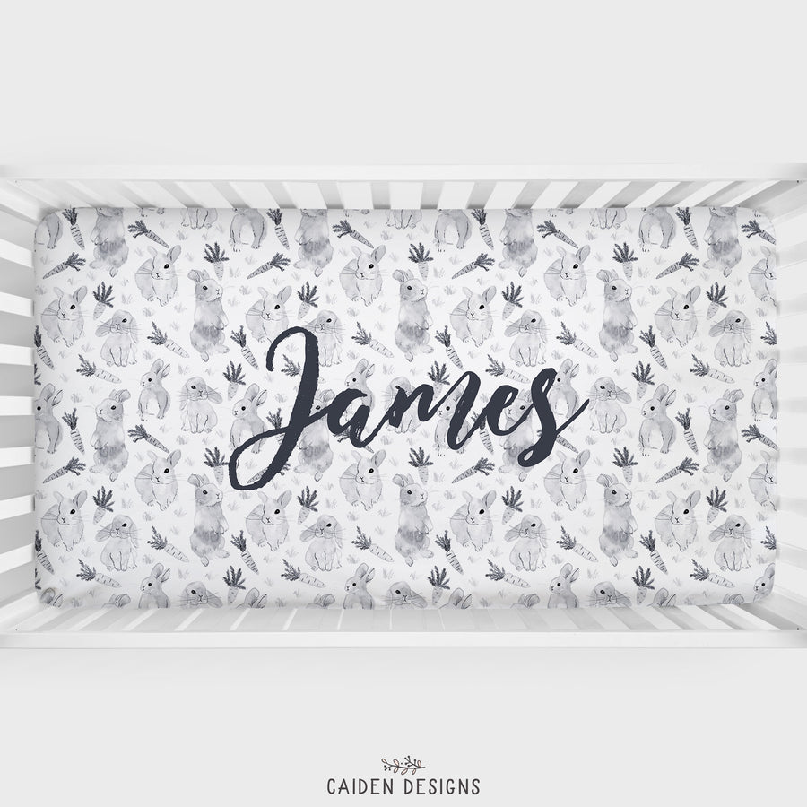 Monochrome Watercolor Bunny Personalized Crib Sheet
