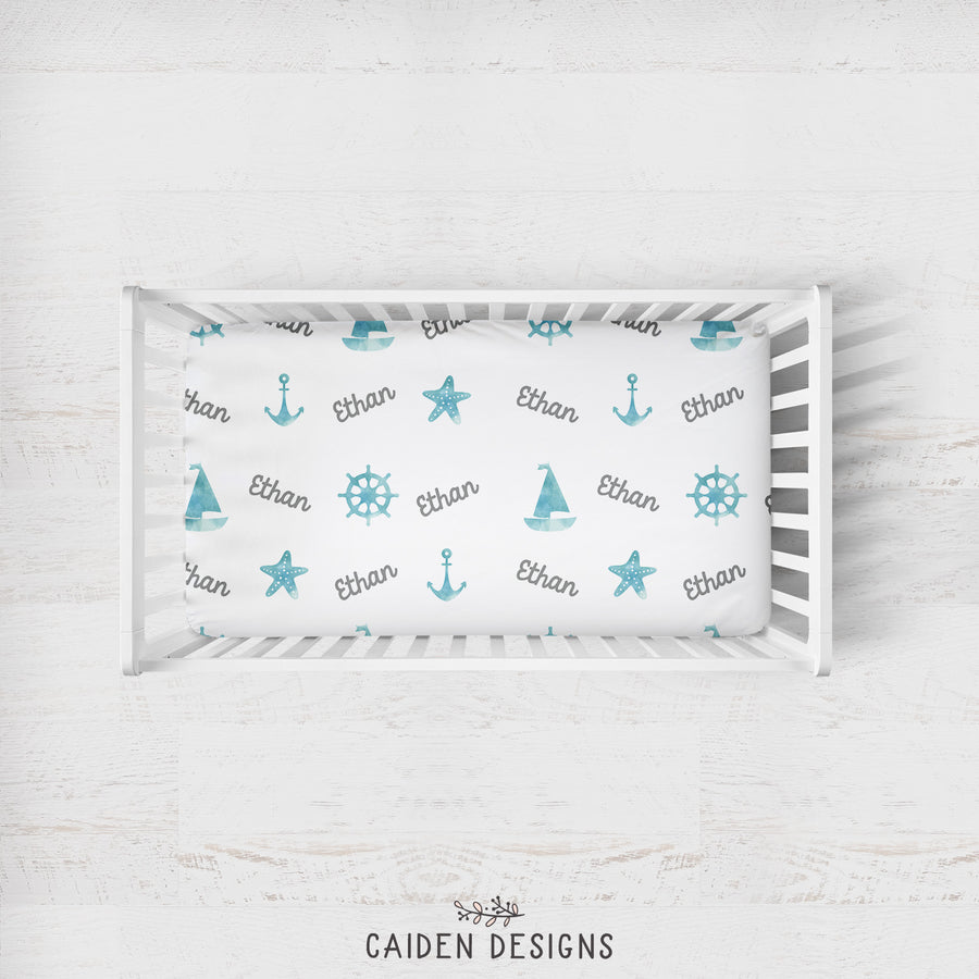 Watercolor Nautical Personalized Crib Sheet