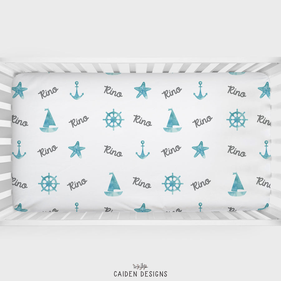 Watercolor Nautical Personalized Crib Sheet