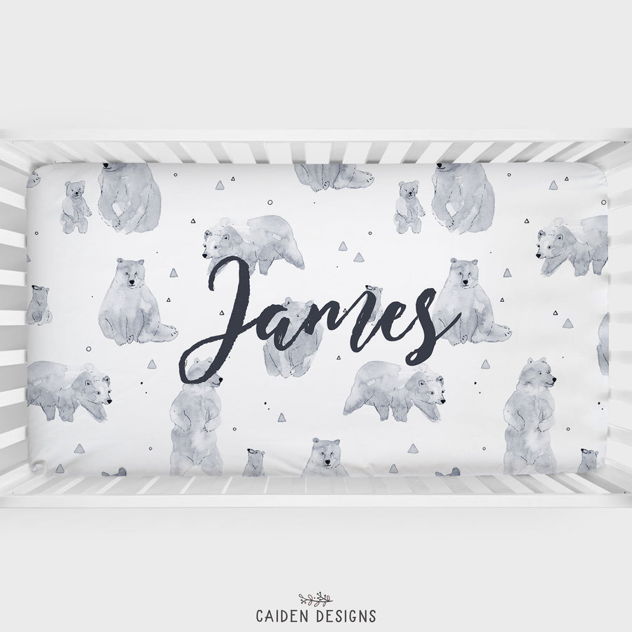 Monochrome Watercolor Polar Bear Personalized Crib Sheet