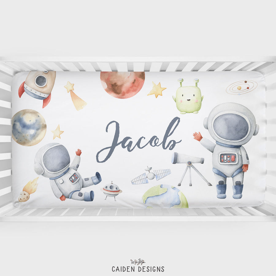 Watercolor Space Personalized Crib Sheet
