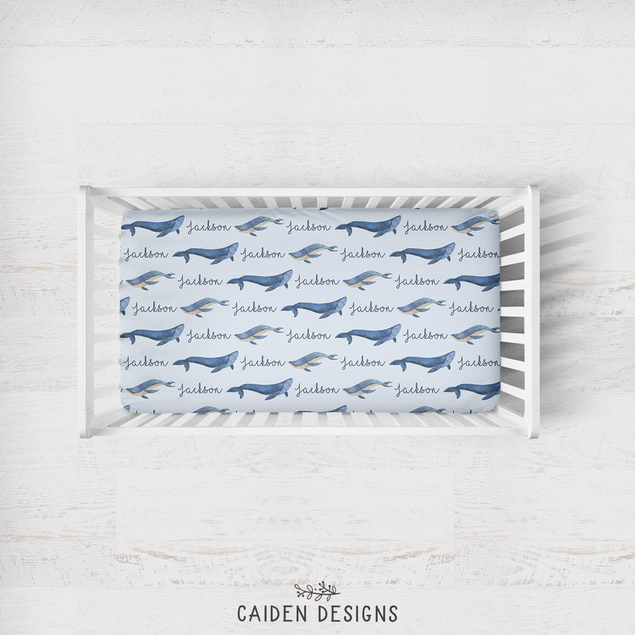 Watercolor Whales Personalized Crib Sheet