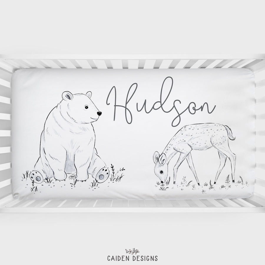 Monochrome Watercolor Woodland Personalized Crib Sheet